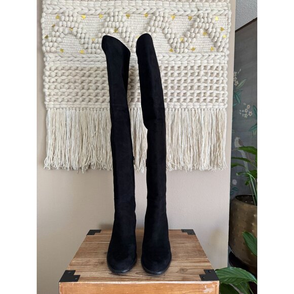 Stuart Weitzman Hitest Black Suede Leather Mid Block Heel Over The Knee Boots - Picture 4 of 16